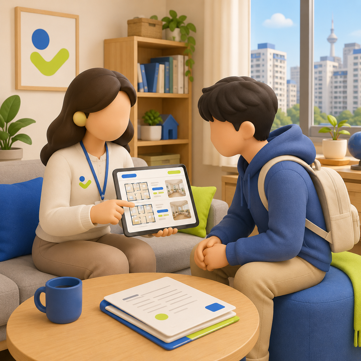 Student and advisor reviewing an apartment listing