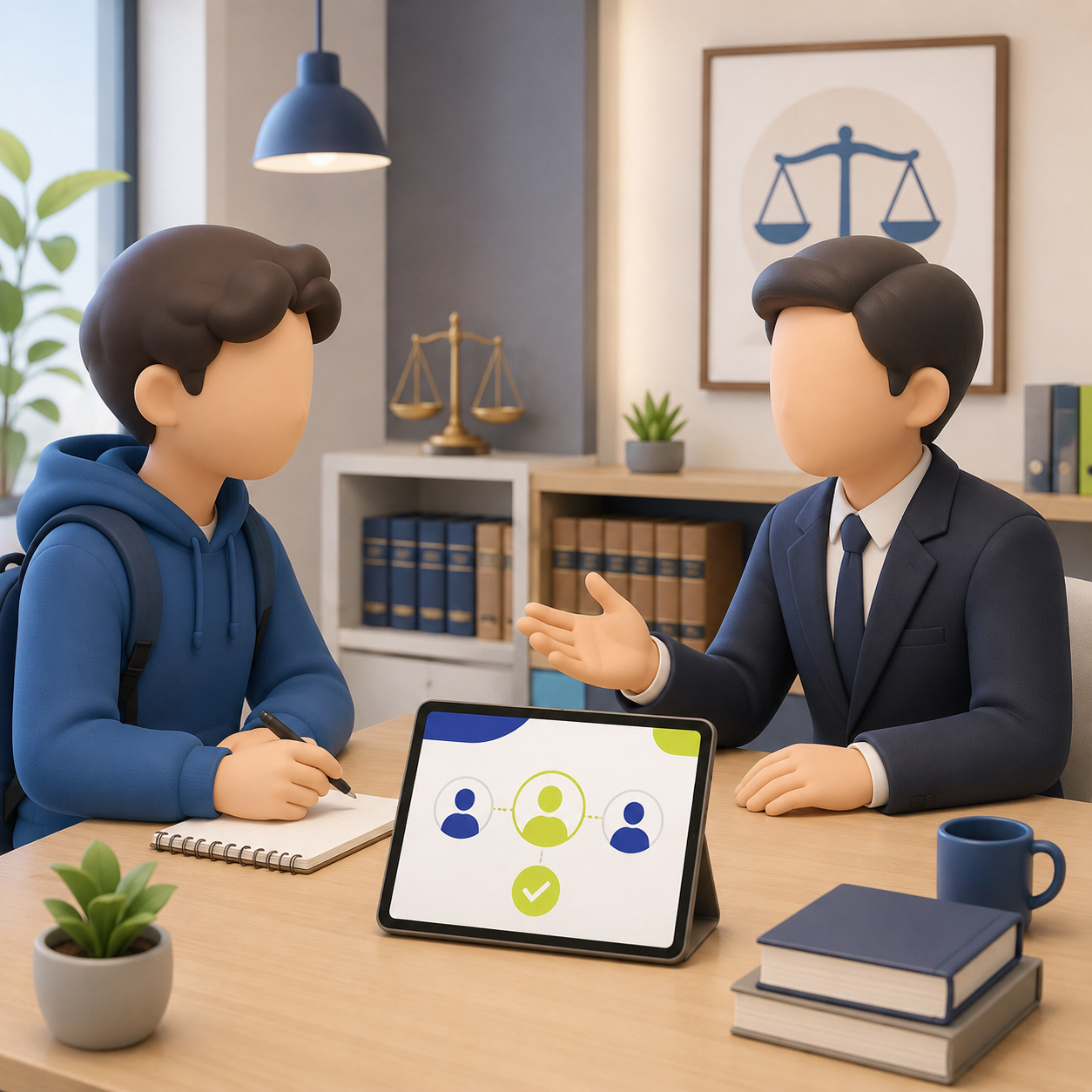 Student meeting with a lawyer in a modern office